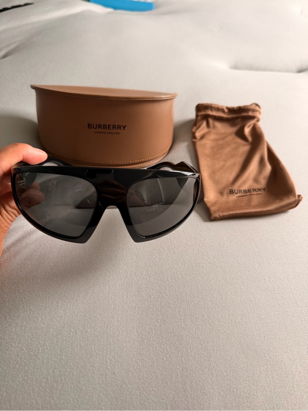 Burberry Black Shield Sunglasses with Brown Case and Pouch